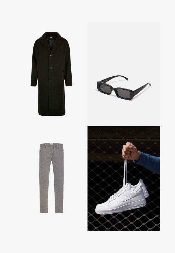 Sötétzöld, vastag anyagú kabát, kivágott gallérral, négy elülső gombbal és oldalsó zsebekkel. Középhosszú, egyenes szabású.; Öt darab fekete kerek nyakú póló csomag. Rövid ujjú, pamut anyagból, szabványos fazonnal. Sima textúra, látható minták vagy díszítések nélkül.; Szürke farmernadrág egyenes szabással, öt zsebbel, övhurkokkal és cipzáras záródással. Finoman megfakult textúrával az egész felületen.; Fehér bőr sportcipők perforációval, kerek orral, lapos talppal és vastag fűzőkkel, látható swoosh logóval és "AIR" felirattal a sarokrészen.; Fekete, téglalap alakú napszemüveg sötét lencsékkel, fényes felülettel, széles szárakkal és masszív keret designnal. Az egyik szárra gravírozott márkanevével.; Fekete szövet táska texturált, steppelt mintával. Kerek formájú, rövid, vastag fogantyúkkal és puha, rugalmas szerkezettel.