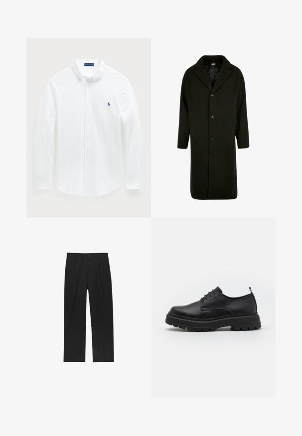 Tummanvihreä keskipitkä takki, jossa on lovikaulus, neljä nappia ja sivutaskut; valmistettu pehmeästä, teksturoidusta kankaasta.; Valkoinen pitkähihaista paitaa, jossa on puuvillaa, nappikaulus ja pieni sininen polo-logo rinnassa. Sileä tekstuuri, klassinen istuvuus.; Mustat housut suoranlahkeisella muotoilulla, valmistettu sileästä kankaasta. Ominaisuuksiin kuuluu etupleateet ja yksi nappikiinnitys vyötäröllä.; Musta nahkasaapas, jossa on pyöristetty kärki, paksu kumipohja ja tekstuuriset yksityiskohdat. Varressa on vetohihna, joka helpottaa pukemista.