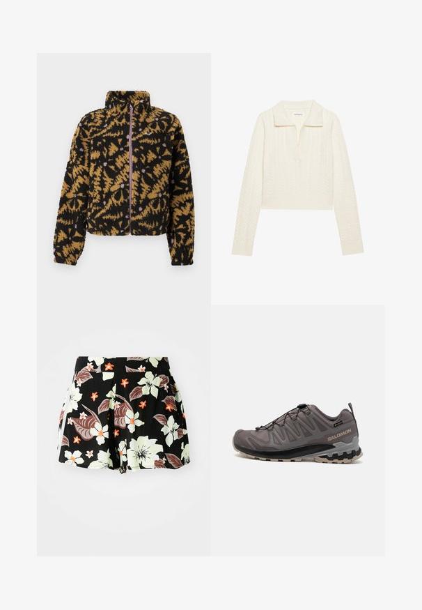 Fleece striukė su juodu, rudų ir levandų abstrakčiu gėlių raštu, visiškai užtraukiama priekyje ir aukštu apykakle.; Kreminės spalvos sutrumpintas megztinis su pintu raštu, plačiu apykakle ir raukšlėtomis rankovėmis. Pagamintas iš minkštos, tekstūruotos medžiagos.; Juodi gėlėti šortai, puošti didelėmis šviesiai žaliomis ir oranžinėmis gėlėmis bei tamsiomis lapelėmis, raukšlėto dizaino ir su kišenėmis šonuose.; Pilkas lauko batai su tinklinėmis ir sintetinių medžiagų viršumi, paminkštintu apvadu ir tekstūruotu padu su giliomis išpjovomis traukai. Reguliuojama raištelių sistema.