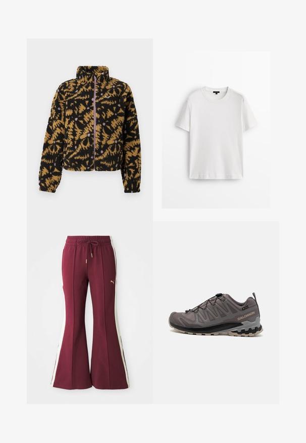 Fleecejacke mit abstraktem floralen Muster in Schwarz, Braun und Lavendel, vollständiger Frontreißverschluss und hohem Kragen.; Weißes Baumwoll-T-Shirt mit kurzen Ärmeln, Rundhalsausschnitt und lockerer Passform. Glatte Textur und schlichtes Design, keine Muster oder Akzente.; Bordeauxfarbene, ausgestellte Hose mit seitlichen weißen Streifen, Kordelzugbund und goldener Branding. Weicher Stoff mit strukturierter Oberfläche und schmal zulaufenden Beinen.; Graues Freizeitschuh mit einem Obermaterial aus Mesh und Synthetik, einem gepolsterten Kragen und einer strukturierten Sohle mit tiefen Profilen für gute Trittfestigkeit. Verstellbares Schnürsystem.