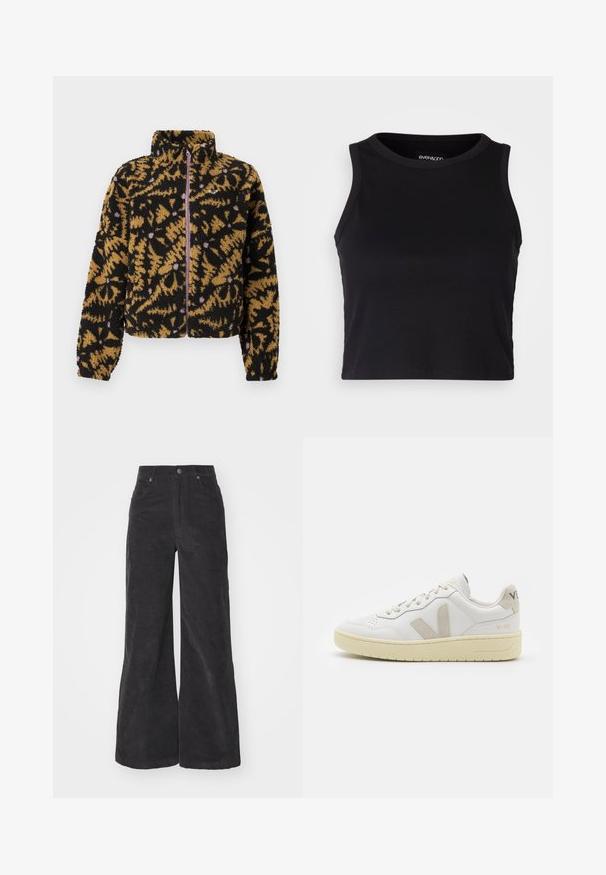 Fleece jacket with black, brown, and lavender abstract floral pattern, full front zipper, and high collar.; Black ribbed crop tank top with a round neckline and sleeveless design. Made from soft, stretchy fabric, featuring clean hemmed edges.; Black corduroy wide-leg trousers with a high waist, front pockets, and a button closure. The fabric features a soft, textured surface.; White leather sneaker with beige suede accents, perforated toe box, flat laces, and a textured cream sole. Features subtle branding on heel.