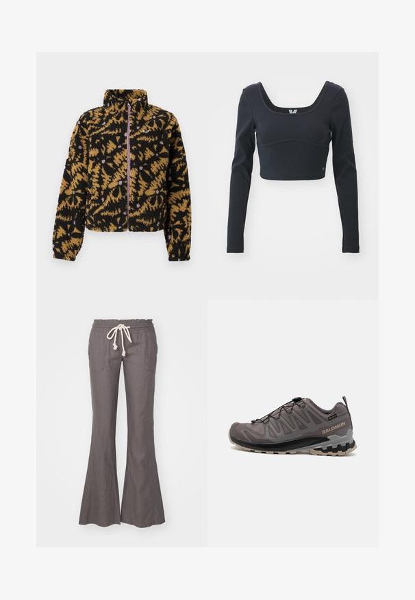 Fleecejacke mit abstraktem floralen Muster in Schwarz, Braun und Lavendel, vollständiger Frontreißverschluss und hohem Kragen.; Schwarzes langärmliges, kurzes Oberteil aus Rippmaterial, mit weitem Boots-Ausschnitt und taillierter Silhouette, versehen mit einem dezenten Markenlogo Akzent.; Ausgestellte, graue Leinenhosen mit elastischem Taillenbund und Kordelzug. Mit zwei Fronttaschen und einer durchgehend glatten Textur.; Graues Freizeitschuh mit einem Obermaterial aus Mesh und Synthetik, einem gepolsterten Kragen und einer strukturierten Sohle mit tiefen Profilen für gute Trittfestigkeit. Verstellbares Schnürsystem.