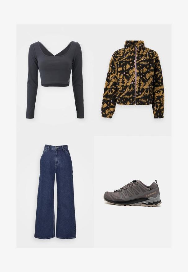 Fleece-takki musta, ruskea ja laventeli abstraktilla kukkakuviolla, täysi etuvetoketju ja korkea kaulus.; Pitkähiha, lyhyellä leikkauksella varustettu paita tummanharmaasta ribbikankaasta. Ominaisuuksiin kuuluu syvä V-pääntie ja tasainen väri, jossa on pieni logo helmassa.; Housut tummansinisestä denimmateriaalista, joissa on leveät lahkeet ja korkea vyötärö. Edessä taskut ja vetoketjulla suljettava metallinappi. Tasainen pinta ja klassinen muotoilu.; Housut harmaat ulkoilujalkineet, joissa on verkko- ja synteettinen yläosa, pehmustettu nilkkaosa ja kuvioitu pohja syvillä urilla pidon parantamiseksi. Säädettävä nauhaku süsteemi.