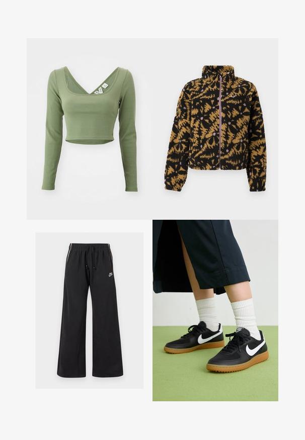Fleecejacka med svart, brun och lavendel abstrakt blommönster, full framsdragkedja och hög krage.; Khaki grön, långärmad kort topp med ribbad textur och vid halsringning. Etiketter synliga vid kragen.; Svarta sweatpants i mjukt material, med resårmidja och dragsko, sidostrikar och en liten logotyp på vänster framsida.; Svarta läder- och syntetiska sneakers med vit Nike-logga, gummisula, rund tå och svarta snörningar. Ribbad vit strumpor synliga.
