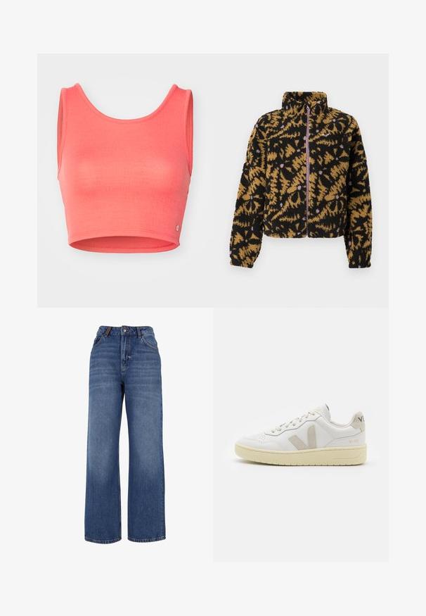 Fleece jacket with black, brown, and lavender abstract floral pattern, full front zipper, and high collar.; Pink cropped tank top made from textured fabric. Features a scoop neckline and wide armholes, with a small logo accent at the hem.; Wide-leg denim jeans made from medium-weight blue cotton fabric. Features classic five-pocket design and a zip fly with button closure.; White leather sneaker with beige suede accents, perforated toe box, flat laces, and a textured cream sole. Features subtle branding on heel.