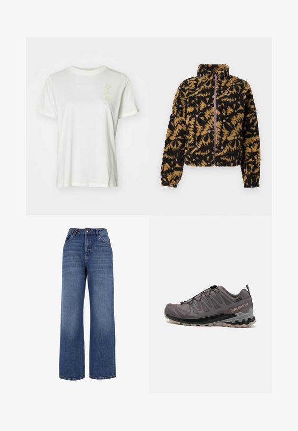 Giacca in pile con motivo floreale astratto in nero, marrone e lavanda, zip frontale completa e colletto alto.; T-shirt bianco in cotone con colletto rotondo, maniche corte e un sottile motivo floreale pastello sulla parte anteriore. Tessuto morbido, vestibilità rilassata.; Jeans in denim a gamba larga realizzati in cotone blu di medio peso. Presentano un classico design a cinque tasche e una chiusura con zip e bottone.; Scarpa da esterno grigia con tomaia in rete e sintetico, collare imbottito e suola testurizzata con scanalature profonde per una migliore aderenza. Sistema di allacciatura regolabile.