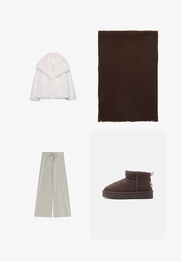 Valkoinen keinokarvaturkki, jossa on leveä kauluskollari, lyhyt malli ja pehmeä rakenne. Sisältää siistin, koristeluista vapaan sisäpuolen.; Lyhyt, vaaleanharmaa neulepusero korkealla kauluksella ja ribbireunuksilla, jossa on teksturoidut letkut kuvioita takana ja sivuilla.; Harmaat, leveälahkeiset ribbihousut, joissa on nyöritys vyötäröllä. Valmistettu pehmeästä materiaalista, ja niissä on rakenteellinen pinta sekä valuva siluetti.; Ruskea mokkanahkainen nilkkabotti, jossa on pyöreä kärki, vähäiset saumat ja teksturoitu kumipohja. Varustettu pienellä takana olevalla vetolapulla ja brändilabelillä.; Ruskea suorakulmainen peitto, joka on valmistettu teksturoidusta kankaasta ja jossa on rispaantuneet reunat. Yhtenäinen väri, jossa on hienovarainen kudontamalli. Pehmeä ja lämmin ilme.; Musta pehmeä nahkainen olkalaukku, jossa on kultaketjuolkaintai, nyörin ympäröimät sivut kultapallojen kanssa ja "Pepe Jeans London" -logo kultaisena.