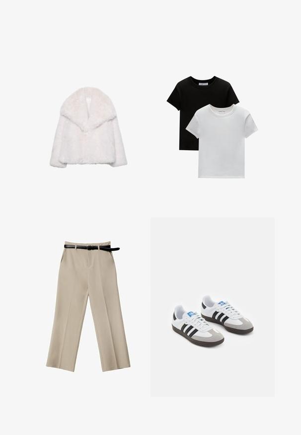 White faux fur jacket with a wide lapel collar, cropped design, and soft texture. Features a clean, unadorned interior.; Two crew-neck t-shirts in black and white, made of cotton. They feature short sleeves and a solid color design with no patterns or accents.; Beige wide-leg trousers featuring a smooth texture, front pockets, and a black leather belt. Tailored design with crisp pleats.; Sport shoes with a white leather upper, gray suede toe, and three black stripes. Features a blue logo on the tongue and a textured rubber sole.