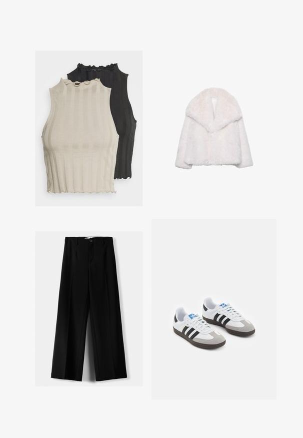 Vit fuskpälsjacka med bred krage, kort design och mjuk textur. Har en ren, odetailed insida.; Två ribbade ärmlösa toppar visas, en i ljusbeige och den andra i svart. Båda har en vågig halsringning och en figurnära passform.; Svarta vida byxor i lätt material, med knappstängning fram och platt front, samt väl sydda fållar.; Sportskor med överdel i vit läder, grå mocka på tårna och tre svarta ränder. Har en blå logotyp på tungan och en texturerad gummisula.