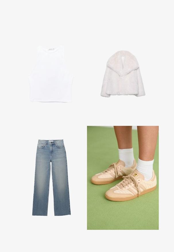 Giacca in pelliccia sintetica bianca con ampio colletto a risvolto, design cropped e texture morbida. Presenta un interno pulito e privo di decorazioni.; Top corto bianco realizzato in un tessuto liscio. Presenta ampie aperture per le braccia, un collo rotondo e bordi puliti senza pattern o decorazioni visibili.; Jeans a gamba larga di un azzurro chiaro, realizzati in denim, con vita alta, tasche frontali e chiusura con bottone. Texture liscia con zone sbiadite.; Piedi che indossano sneakers Adidas intrecciate beige con suole in gomma e calzini bianchi alla caviglia su un pavimento texturizzato verde.