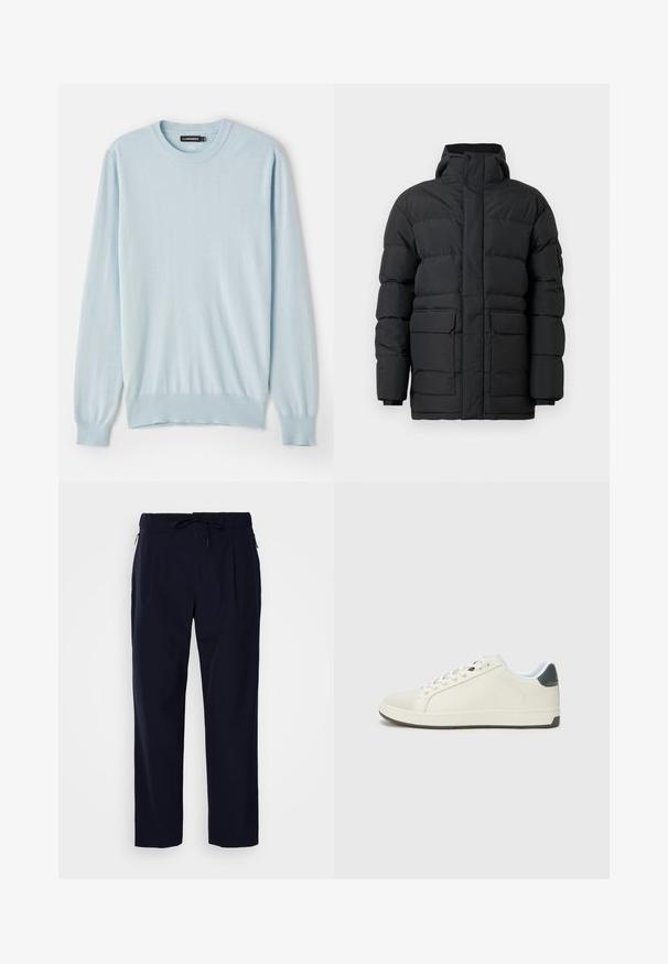Fekete pufferszövet kabát magas gallérral, elöl cipzárral és két nagy elülső zsebbel. Tűzött dizájnnal és rugalmas mandzsettákkal rendelkezik.; Világoskék pulóver puha anyagból, klasszikus kerek nyakkal, hosszú ujjakkal, bordás mandzsettával és szegéllyel.; J.LINDEBERG JIN PLEATED - Nadrágok - navy; Fehér sportcipő sima bőr felső résszel és szürke sarokdísszel. Kerek fűzőkkel, texturált orrésszel és gumitalppal rendelkezik.