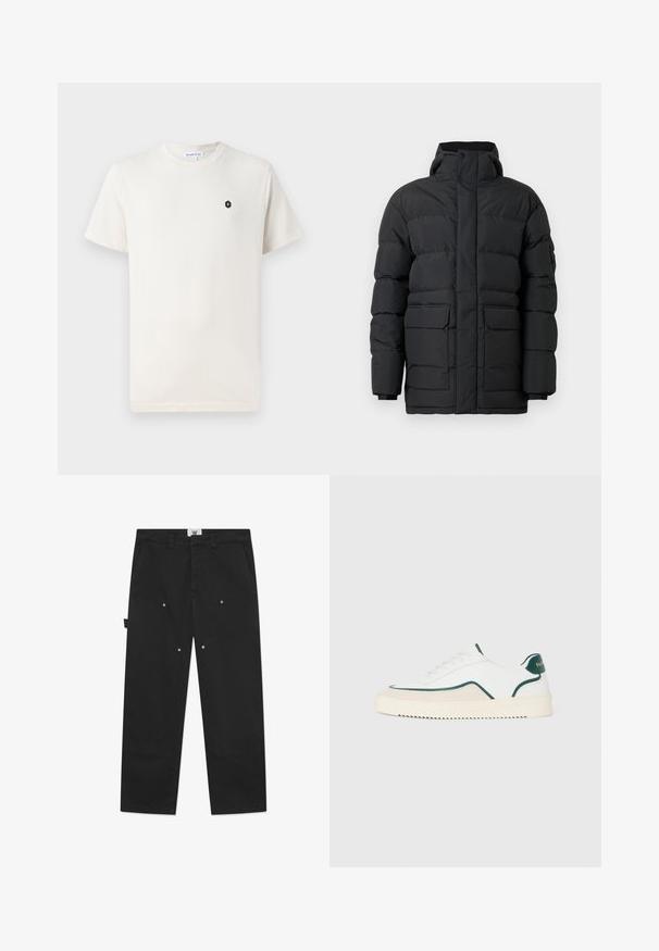 Čierna prešívaná bunda s vysokým golierom, predným zipsom a dvoma veľkými prednými vreckami. Obsahuje prešívaný dizajn a elastické manžety.; Krémové bavlnené tričko s krátkymi rukávmi, okrúhlym výstrihom a malým čiernym hexagonálnym logom na ľavej strane hrude. Hladká textura.; Čierne bavlnené nohavice majú rovný strih, viditeľné švy, bočné vrecká a kovové cvoky na predných paneloch.; Biele nízke tenisky s zeleným lemovaním, béžovými zamatovými detailami a krémovou podošvou s drsným dnom.