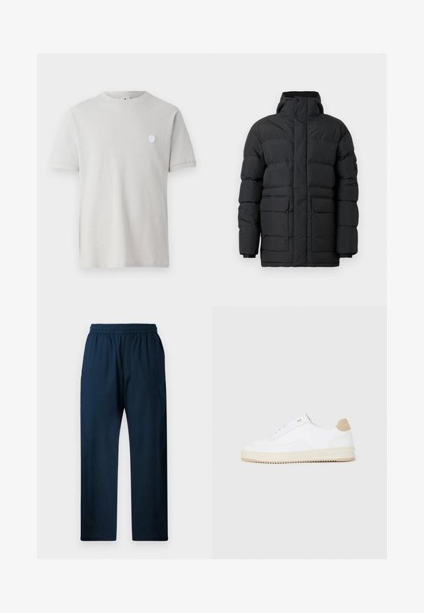 Black puffer jacket with a high collar, front zipper, and two large front pockets. Features a quilted design and elastic cuffs.; Light gray cotton t-shirt with short sleeves, round neckline, and a small hexagonal white logo on the upper left side. Smooth texture.; Navy blue, cotton blend trousers with an elastic waistband, straight leg design, side pockets, and a smooth texture.; White low-top sneakers with a textured leather upper, cream ridged sole, and a tan heel accent. Features white laces and logo detail on heel.