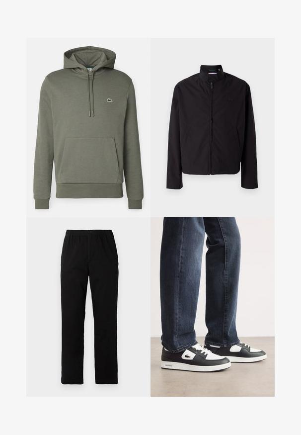 Crna lagana jakna, zatvaranje na zip, stojeći ovratnik, bočni džepovi, glatka tkanina, minimalistički dizajn s logotipom na prsima.; Maslinasto zelena dukserica s kapuljačom, napravljena od mekane tkanine, s kengurџim džepom, vezicom i malim izvezenim logotipom na grudima.; Crne hlače od pamuka s dodatkom, ravnog kroja, s elastičnim pojasom i dugmetom, bez vidljivih uzoraka ili ukrasa.; Crno-bijele Lacoste tenisice s teksturiranim kožnim gornjim dijelom, s vezanjem i bijelim gumiranim potplatom. Nosi se s tamnim trapericama.