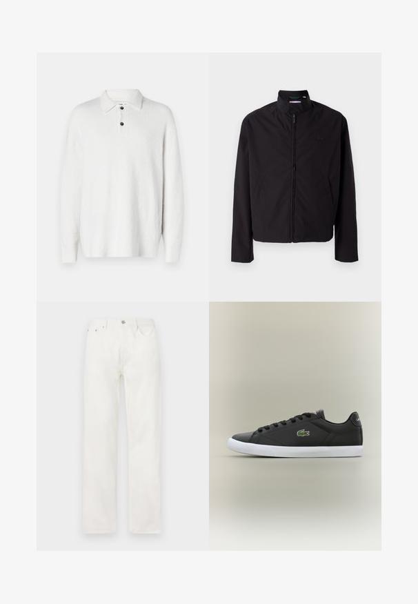 Black lightweight jacket, zip closure, stand-up collar, side pockets, smooth fabric, minimalistic design with logo accent on the chest.; White sweater with a textured, soft fabric. Features a classic collar, three-button placket, and long sleeves. Simple design, no patterns.; White denim jeans with a straight leg, button and zipper closure, five-pocket design, and no visible patterns or accents.; Black leather sneakers with white rubber sole, featuring a green crocodile logo and round laces, sleek design with smooth texture.