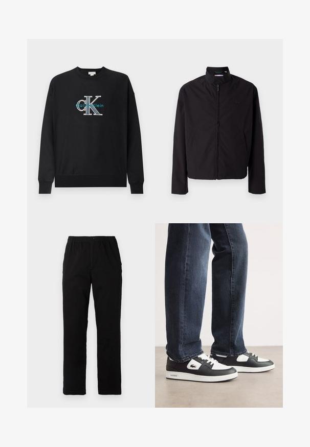Casaco leve preto, com fecho elétrico, gola alta, bolsos laterais, tecido liso, design minimalista com logótipo em destaque no peito.; Sweatshirt preta de mangas compridas, com um destacado logótipo "CK" bordado em branco e turquesa, confeccionada em tecido macio e suave.; Calças pretas feitas de um tecido de algodão misto, com corte reto, cintura elástica com botão e sem padrões ou detalhes visíveis.; Sneakers Lacoste em preto e branco com parte superior em couro texturizado, apresentando um design com atacadores e uma sola de borracha branca. Usadas com jeans escuros.