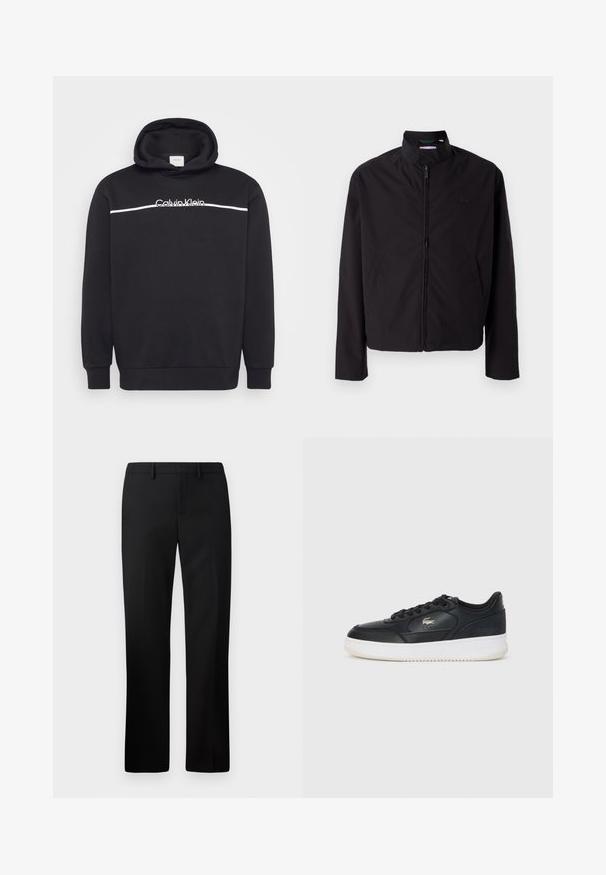 Svart lett jakke med glidelås, oppreist krage, lommer på siden, glatt stoff, minimalistisk design med logo-akkent på brystet.; Svart hettegenser laget av en bomullsblanding, med en hvit Calvin Klein-logo og horisontal hvit stripe over brystet. Justerbar hette med snor.; Sorte skreddersydde bukser med rette ben, laget av glatt stoff. Funksjoner inkluderer flat front og middels høy livlinje.; Svarte lærersneakers med hvit såle, med rund tå, snøring og en subtil logo på siden. Teksturert overdel.
