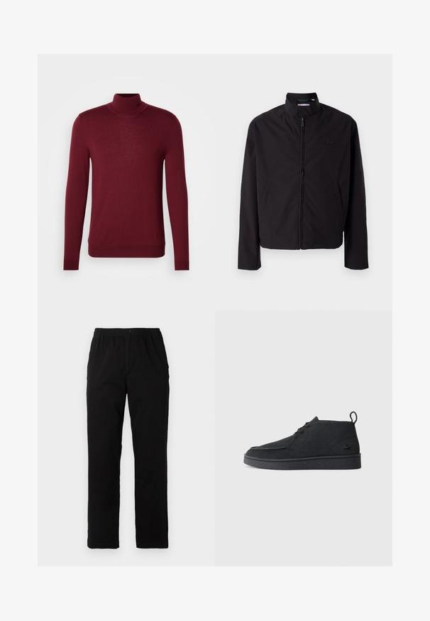 Černá lehká bunda, zapínání na zip, stojací límec, boční kapsy, hladká tkanina, minimalistický design s logem na prsou.; Pánský burgundský svetr s dlouhým rukávem a vysokým límcem, s pružnými manžetami a spodním lemem, vystavený na jednoduchém světle šedém pozadí.; Černé kalhoty vyrobené z bavlněné směsi, s rovný střih, elastickým pasem s knoflíkem a bez viditelných vzorů či akcentů.; Černé semišové kotníkové boty na šněrování s poutkem a texturovanou podrážkou, s malým reliéfním krokodýlím logem na boku.