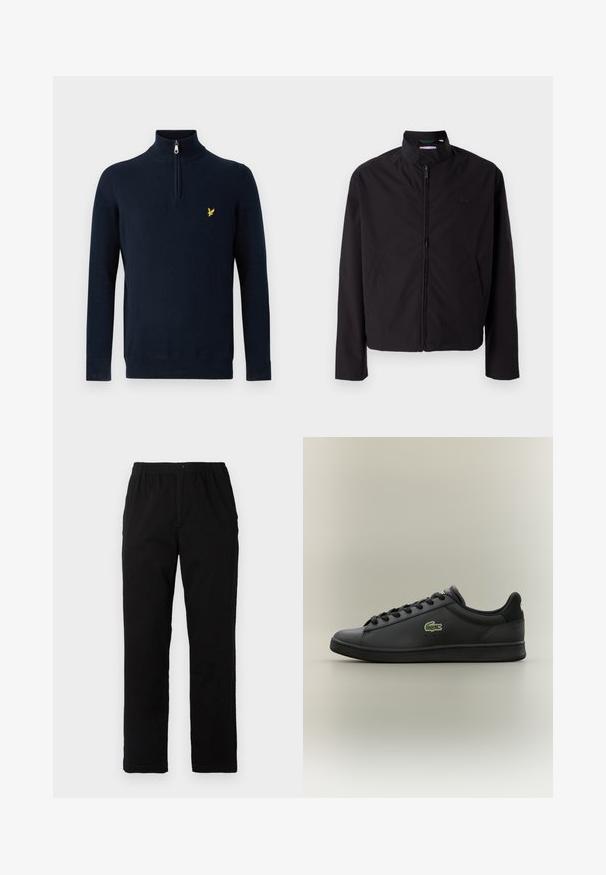 Czarna lekka kurtka, zapinana na zamek, z kołnierzem stojącym, kieszeniami po bokach, gładki materiał, minimalistyczny design z akcentem logo na piersi.; Granatowy sweter z półzamkowym kołnierzem, wykonany z gładkiej tkaniny; na piersi znajduje się małe żółte wyszywane logo.; Czarne spodnie wykonane z mieszanki bawełny, z prostym krojem, elastycznym paskiem w talii z guzikiem oraz bez widocznych wzorów czy akcentów.; Czarne niskie skórzane sneakersy z czarnymi sznurówkami, z zielonym logo krokodyla z boku, na neutralnym, jednolitym tle.