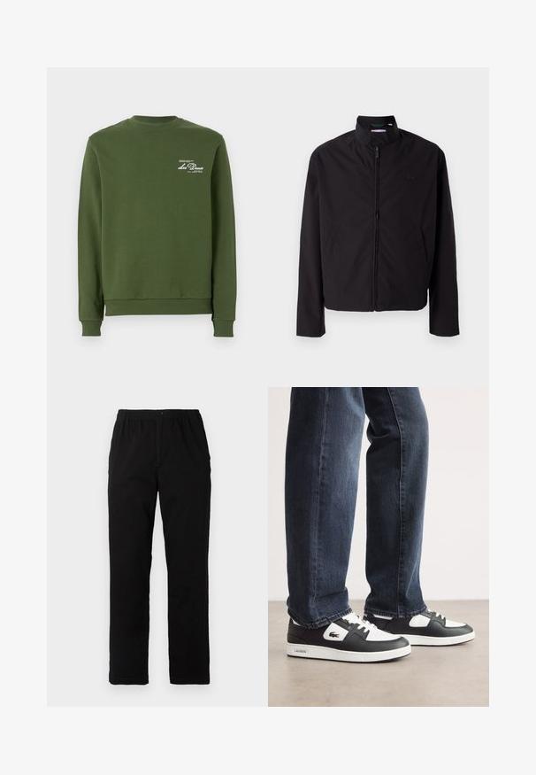 Črna lahka jakna, zadrga, dvignjen ovratnik, stranska žepa, gladka tkanina, minimalističen dizajn z logotipom na prsih.; Olivno zelena majica s dugim rukavima i rebrastim okruglim izrezom, ugodne meke teksture. Ima bijeli ispis s logotipom na prsima.; Črne hlače iz mešanice bombaža, s ravnim krojem, elastičnim pasom z gumbom in brez vidnih vzorcev ali akcentov.; Črno-bele Lacoste superge z zgornjim delom iz teksturirane usnje, s čipkastim zapiranjem in belim gumijastim podplatom. Oblečene z temnimi kavbojkami.