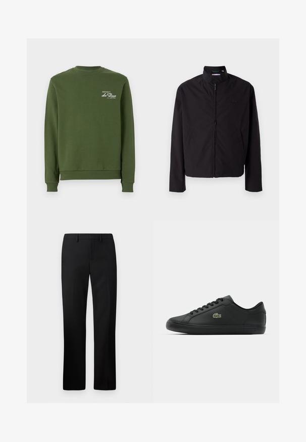 Chaqueta ligera negra, cierre de cremallera, cuello alzado, bolsillos laterales, tejido suave, diseño minimalista con acento de logo en el pecho.; Sudadera verde oliva con cuello redondo acanalado, mangas largas y una textura suave. Presenta un logotipo impreso en blanco en el pecho.; Pantalones negros ajustados con un diseño de pierna recta, hechos de una tela suave. Las características incluyen un frente plano y una cinturilla de altura media.; Zapatilla de cuero negra con textura suave, cierre de cordones, perfil bajo, logo verde en el costado y un sutil branding en la suela.