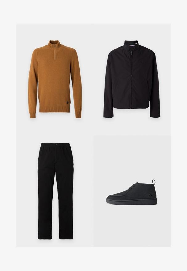 Svart lett jakke med glidelås, oppreist krage, lommer på siden, glatt stoff, minimalistisk design med logo-akkent på brystet.; Bronsefarget genser med høy hals og kvart glidelås. Laget av et teksturert strikket stoff. Ribbestrikkede mansjetter og kant. Logo nederst.; Sorte bukser laget av bomullsblandet stoff, med rett snitt, elastisk midjebånd med knapp, og uten synlige mønstre eller detaljer.; Svart semsket snøring ankelstøvel med drageløkke og teksturert såle, med en liten preget krokodillelogo på siden.