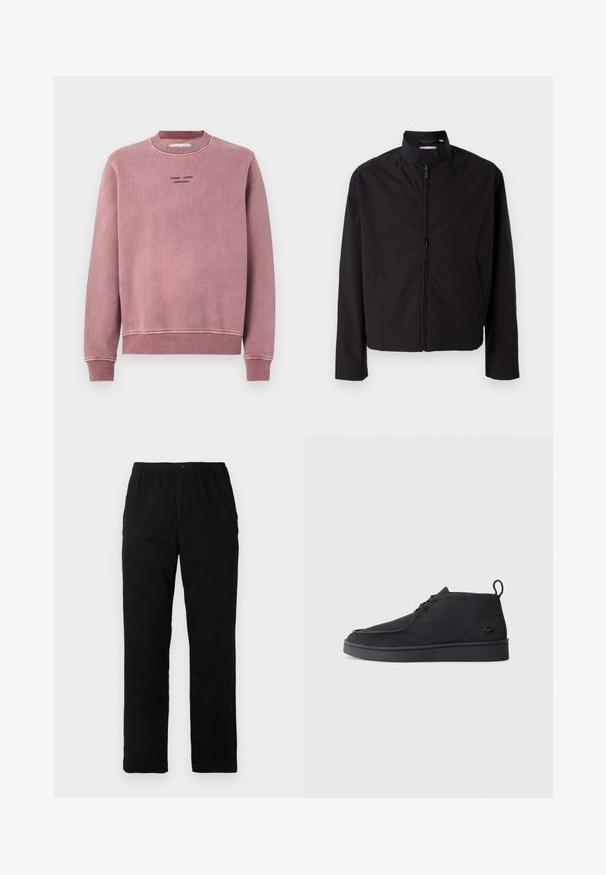 Veste légère noire, fermeture éclair, col montant, poches latérales, tissu lisse, design minimaliste avec accent logo sur la poitrine.; Sweat-shirt rose pâle en tissu texturé, avec des poignets et un col côtelés, et des détails de logo brodés en noir sur le devant.; Pantalons noirs en tissu mélangé de coton, avec une coupe droite, une taille élastique avec bouton et sans motifs ni accents visibles.; Bottines en suède noir à lacets avec tirant et semelle texturée, présentant un petit logo de crocodile embossé sur le côté.
