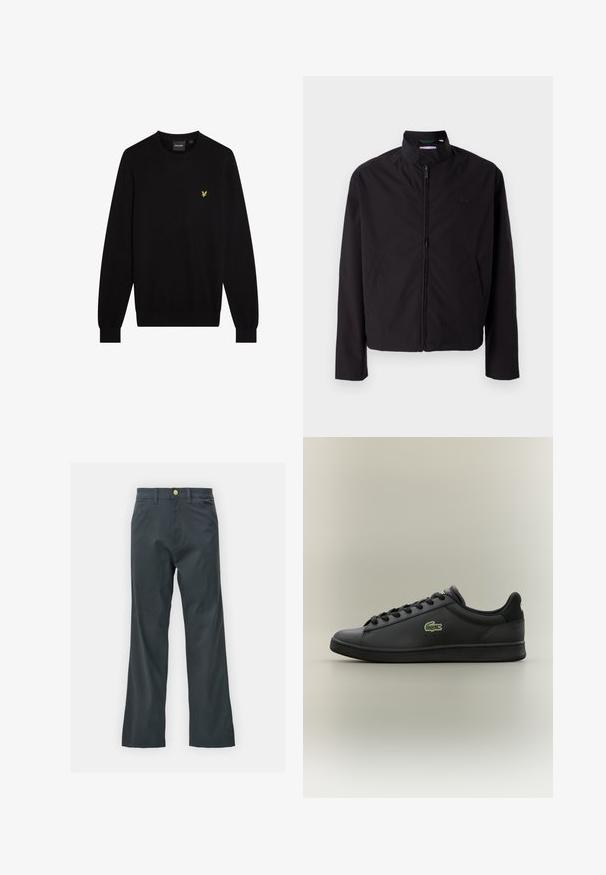 Černá lehká bunda, zapínání na zip, stojací límec, boční kapsy, hladká tkanina, minimalistický design s logem na prsou.; Černý svetr z měkké látky s kulatým výstřihem a dlouhými rukávy. Malé žluté vyšívané logo na levé straně hrudi.; Černé kalhoty s rovnými nohavicemi, vyrobené z bavlněné směsi. Mají kovové zapínání a boční kapsy. Bez viditelných vzorů.; Černé nízké kožené tenisky s černými tkaničkami, na boku s zeleným logo krokodýla, umístěné na jednobarevném neutrálním pozadí.