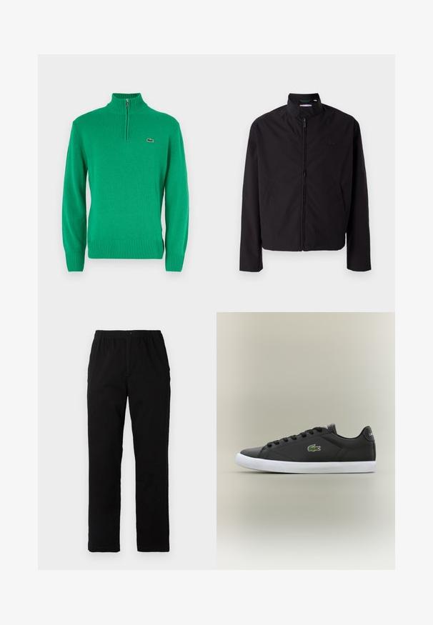 Casaco leve preto, com fecho elétrico, gola alta, bolsos laterais, tecido liso, design minimalista com logótipo em destaque no peito.; Lacoste Camisola - vert; Calças pretas feitas de um tecido de algodão misto, com corte reto, cintura elástica com botão e sem padrões ou detalhes visíveis.; Tênis de couro preto com sola de borracha branca, apresentando um logotipo de crocodilo verde e cadarços redondos, design elegante com textura suave.