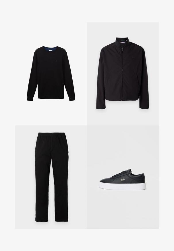 Zwarte lichtgewicht jas, ritssluiting, opstaande kraag, zijzakken, gladde stof, minimalistisch ontwerp met logo-accent op de borst.; Zwarte gebreide trui met lange mouwen, geribde kraag, manchetten en zoom. Beschikt over een subtiel logo op de borst en een blauwe binnennijkraag.; Zwarte broek van een katoenmix, met een rechte snit, een elastische tailleband met knoop en zonder zichtbare patronen of accenten.; Zwarte leren sneaker met een ronde neus, ton-sur-ton veters en een gevoerde kraag. Bevat een witte plateauzool en een klein logo-accent.