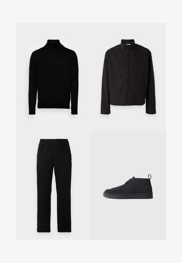 Svart lett jakke med glidelås, oppreist krage, lommer på siden, glatt stoff, minimalistisk design med logo-akkent på brystet.; Svart genser med høy hals, ribbestrikket tekstur, lange ermer, tettsittende design, subtil Lacoste-logo på brystet, middels tykk strikket materiale.; Sorte bukser laget av bomullsblandet stoff, med rett snitt, elastisk midjebånd med knapp, og uten synlige mønstre eller detaljer.; Svart semsket snøring ankelstøvel med drageløkke og teksturert såle, med en liten preget krokodillelogo på siden.