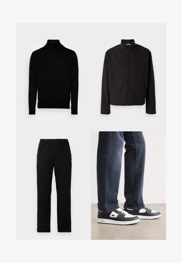 Czarna lekka kurtka, zapinana na zamek, z kołnierzem stojącym, kieszeniami po bokach, gładki materiał, minimalistyczny design z akcentem logo na piersi.; Czarny sweter z golfem, prążkowana faktura, długie rękawy, dopasowany krój, subtelne logo Lacoste na piersi, średniej wagi dzianina.; Czarne spodnie wykonane z mieszanki bawełny, z prostym krojem, elastycznym paskiem w talii z guzikiem oraz bez widocznych wzorów czy akcentów.; Czarno-białe sneakersy Lacoste z teksturowaną skórzaną cholewką, z wiązaniem i białą gumową podeszwą. Noszone z ciemnymi dżinsami.