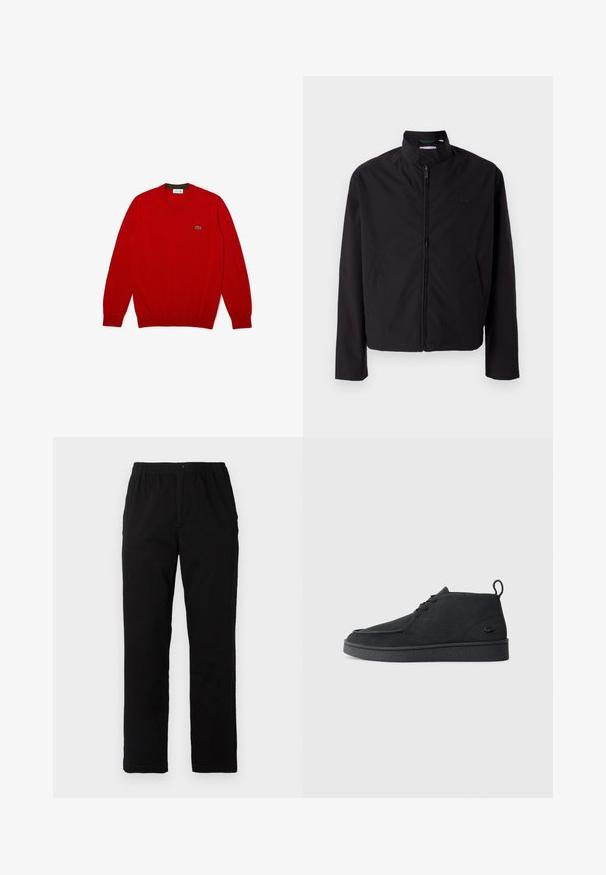 Zwarte lichtgewicht jas, ritssluiting, opstaande kraag, zijzakken, gladde stof, minimalistisch ontwerp met logo-accent op de borst.; Rode gebreide trui met een geribbelde textuur, lange mouwen, een ronde hals en een klein groen logo op de borst. Rechte zoom aan de onderkant.; Zwarte broek van een katoenmix, met een rechte snit, een elastische tailleband met knoop en zonder zichtbare patronen of accenten.; Zwarte suède veterschoenen tot de enkel met een trekband en een gestructureerde zool, met een klein reliëf krokodillenlogo aan de zijkant.