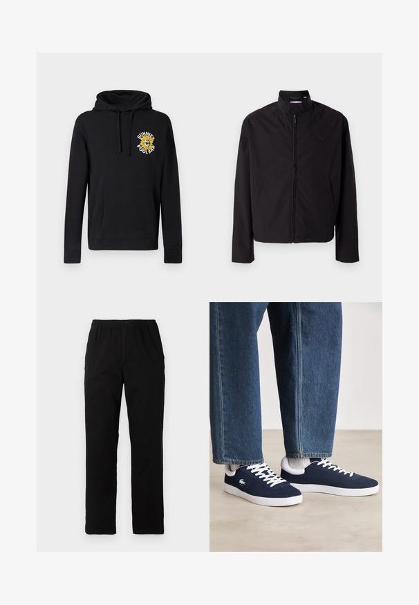 Casaco leve preto, com fecho elétrico, gola alta, bolsos laterais, tecido liso, design minimalista com logótipo em destaque no peito.; Sweatshirt preta com capuz, feita de algodão, com bolso frontal, capuz ajustável por cordão e um gráfico colorido bordado de girassol. Apresenta punhos canelados.; Calças pretas feitas de um tecido de algodão misto, com corte reto, cintura elástica com botão e sem padrões ou detalhes visíveis.; Sapatilhas de tela azuis com atacadores brancos e solas de borracha, exibidas com calças de ganga e meios cinza canelados, sobre uma superfície cinza clara.