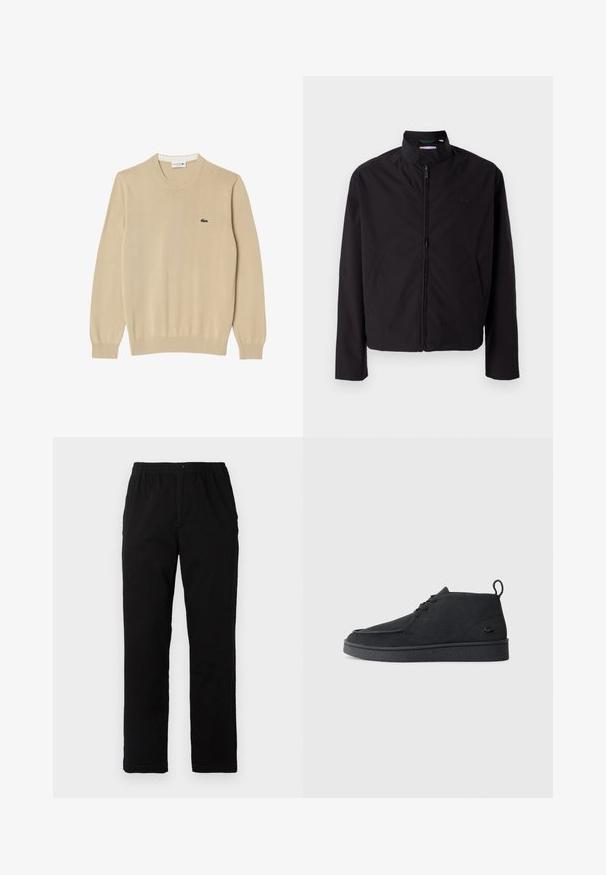 Schwarze leichte Jacke, mit Reißverschluss, Stehkragen, Seitentaschen, glattes Material, minimalistisches Design mit Logo-Akzent auf der Brust.; Beige Strickpullover mit langen Ärmeln, Rundhalsausschnitt und gerippten Bündchen. Mit einem kleinen grünen Lacoste-Logo auf der Brust.; Schwarze Hosen aus einem Baumwollmischgewebe, mit geradem Schnitt, elastischem Bund mit Knopf und ohne sichtbare Muster oder Akzente.; Schwarze Wildleder Schnürstiefelette mit Zuglasche und strukturiertem Boden, ausgestattet mit kleinem eingeprägtem Krokodil-Logo an der Seite.