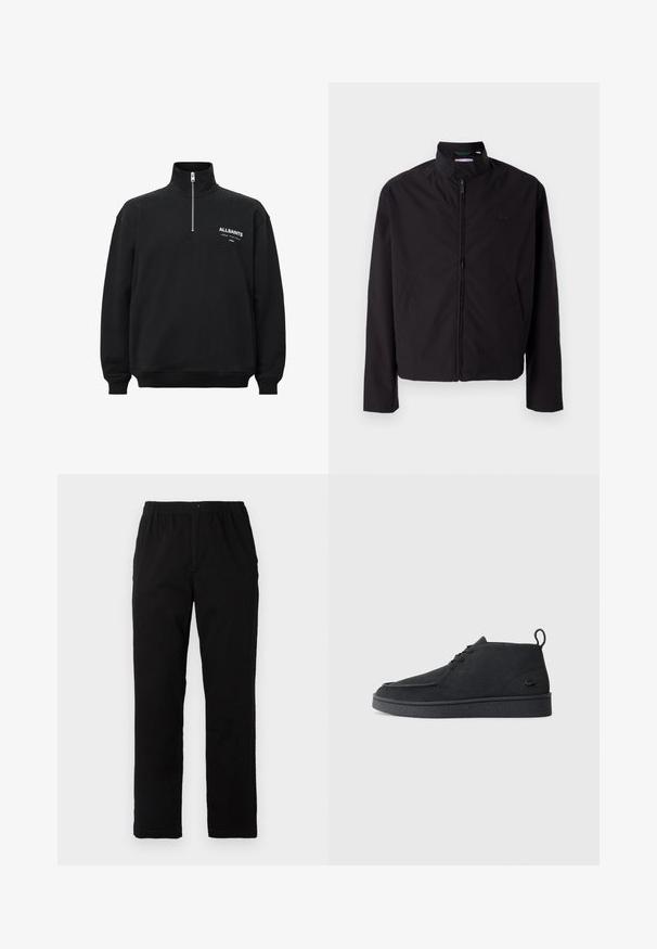 Black lightweight jacket, zip closure, stand-up collar, side pockets, smooth fabric, minimalistic design with logo accent on the chest.; Black sweatshirt with a high collar and half zipper, featuring white printed text on the left chest. Made of cotton, soft texture.; Black pants made of cotton blend fabric, featuring a straight cut, elastic waistband with button, and no visible patterns or accents.; Black suede lace-up ankle boot with pull tab and textured sole, featuring small embossed crocodile logo on the side.