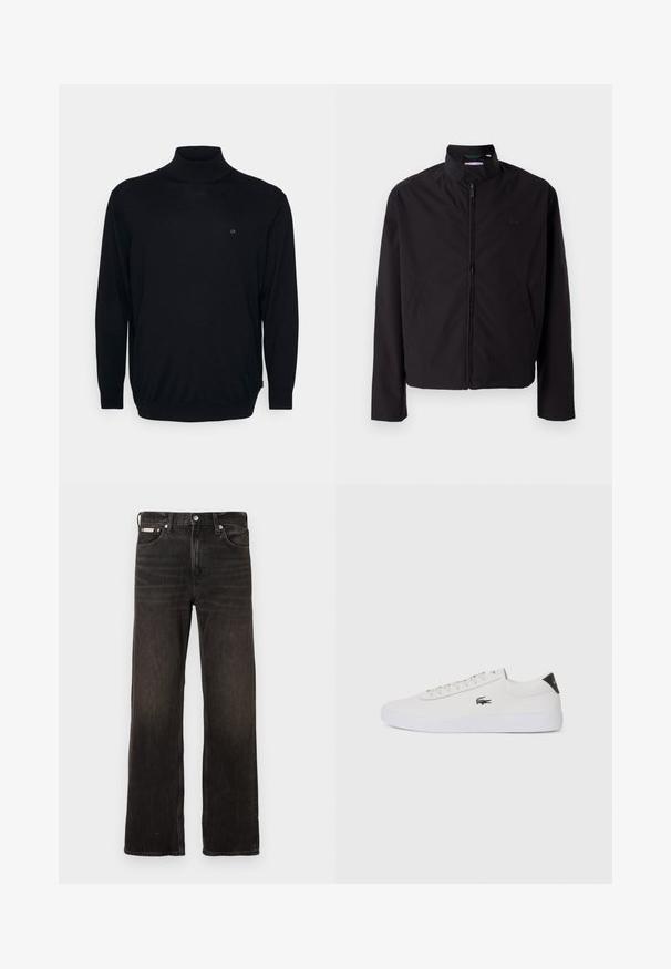 Casaco leve preto, com fecho elétrico, gola alta, bolsos laterais, tecido liso, design minimalista com logótipo em destaque no peito.; Calvin Klein SUPERIOR MOCK - Camisola - black; Calças de ganga pretas com um design de perna reta, acabamento desgastado, estilo de cinco bolsos e fecho de botão de metal. Apresenta um leve desgaste.; Sapatilha de couro branco com biqueira arredondada, atacadores na frente e detalhe preto no calcanhar. Apresenta um pequeno logótipo de crocodilo bordado na lateral.