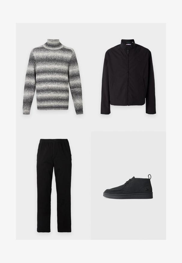 Svart lett jakke med glidelås, oppreist krage, lommer på siden, glatt stoff, minimalistisk design med logo-akkent på brystet.; Grå og hvitstripet genser med høy hals, med ribbet halslinning, som gir en myk tekstur og vanlige lange ermer.; Sorte bukser laget av bomullsblandet stoff, med rett snitt, elastisk midjebånd med knapp, og uten synlige mønstre eller detaljer.; Svart semsket snøring ankelstøvel med drageløkke og teksturert såle, med en liten preget krokodillelogo på siden.