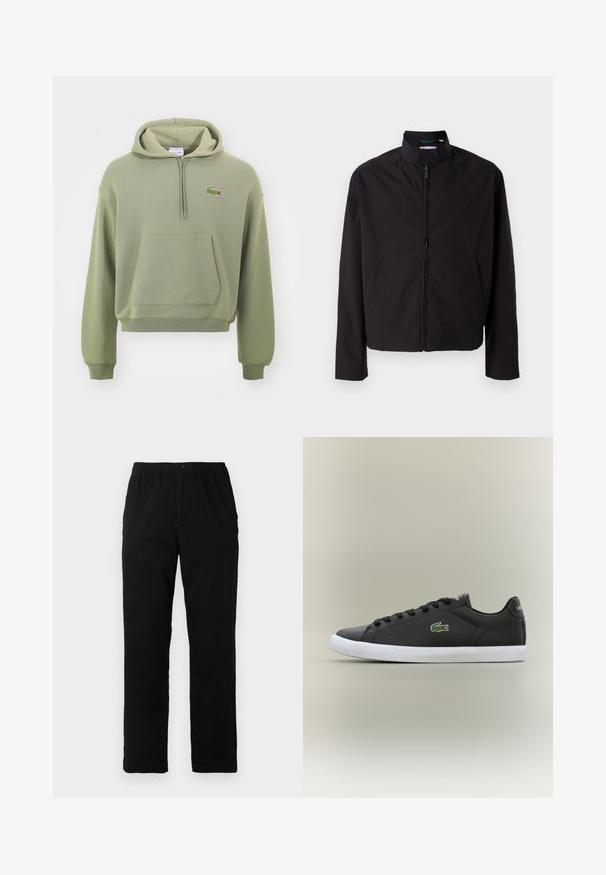 Černá lehká bunda, zapínání na zip, stojací límec, boční kapsy, hladká tkanina, minimalistický design s logem na prsou.; Zelená zkrácená mikina s kapucí vyrobená z měkké tkaniny, se klokankou a stahovací kapucí, s malým vyšitým logem na hrudi.; Černé kalhoty vyrobené z bavlněné směsi, s rovný střih, elastickým pasem s knoflíkem a bez viditelných vzorů či akcentů.; Černé kožené tenisky s bílou gumovou podrážkou, se zeleným logem krokodýla a kulatými tkaničkami, elegantní design s hladkým povrchem.