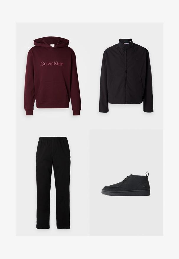 Černá lehká bunda, zapínání na zip, stojací límec, boční kapsy, hladká tkanina, minimalistický design s logem na prsou.; Burgundská mikina s kapucí a přední kapsou, s logem "Calvin Klein" ve světlejší barvě. Vyrobena z měkké bavlněné směsi.; Černé kalhoty vyrobené z bavlněné směsi, s rovný střih, elastickým pasem s knoflíkem a bez viditelných vzorů či akcentů.; Černé semišové kotníkové boty na šněrování s poutkem a texturovanou podrážkou, s malým reliéfním krokodýlím logem na boku.