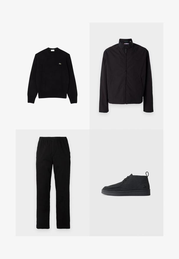 Svart lett jakke med glidelås, oppreist krage, lommer på siden, glatt stoff, minimalistisk design med logo-akkent på brystet.; Svart strikkegenser med rund hals, ribbestrikkede mansjetter og nederkant, med en liten grønn krokodille-logo på venstre bryst. Myk tekstur.; Sorte bukser laget av bomullsblandet stoff, med rett snitt, elastisk midjebånd med knapp, og uten synlige mønstre eller detaljer.; Svart semsket snøring ankelstøvel med drageløkke og teksturert såle, med en liten preget krokodillelogo på siden.
