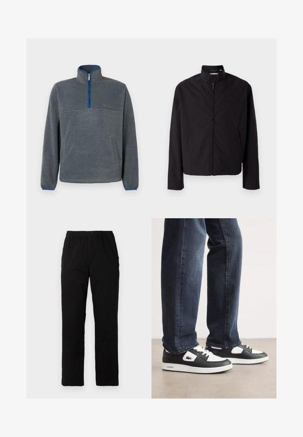 Crna lagana jakna, zatvaranje na zip, stojeći ovratnik, bočni džepovi, glatka tkanina, minimalistički dizajn s logotipom na prsima.; Sivi flis pulover s polu-zip ovratnikom, plavim detaljima na zatvaraču i manžetama, te prednjim džepom. Mekana tekstura, opušten fit.; Crne hlače od pamuka s dodatkom, ravnog kroja, s elastičnim pojasom i dugmetom, bez vidljivih uzoraka ili ukrasa.; Crno-bijele Lacoste tenisice s teksturiranim kožnim gornjim dijelom, s vezanjem i bijelim gumiranim potplatom. Nosi se s tamnim trapericama.
