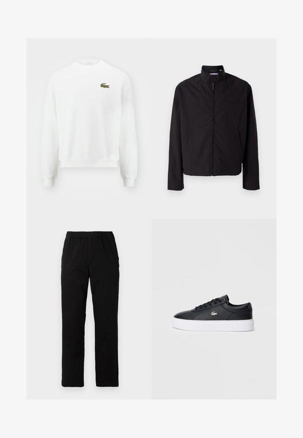 Giacca nera leggera, chiusura con zip, colletto alto, tasche laterali, tessuto morbido, design minimalista con accento del logo sul petto.; Felpa bianca con collo a giro, caratterizzata da un piccolo logo di coccodrillo ricamato in verde sul lato sinistro del petto e maniche e orlo a coste.; Pantaloni neri realizzati in un tessuto misto cotone, caratterizzati da un taglio dritto, vita elastica con bottone e senza motivi o dettagli visibili.; Sneaker in pelle nera con punta arrotondata, lacci tono su tono e colletto imbottito. Presenta una suola piatta bianca e un piccolo logo accentato.