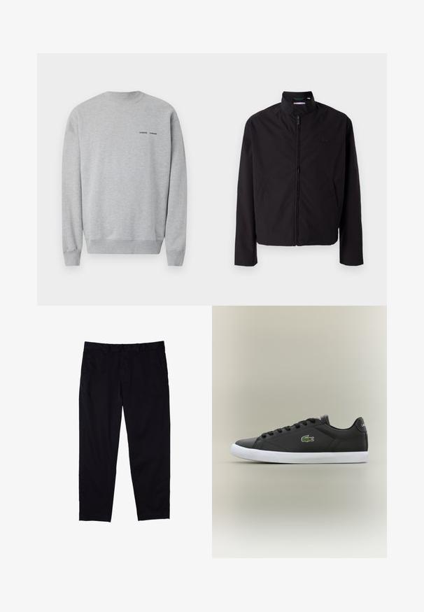 Chaqueta ligera negra, cierre de cremallera, cuello alzado, bolsillos laterales, tejido suave, diseño minimalista con acento de logo en el pecho.; Sudadera gris de mezcla de algodón, con cuello y puños acanalados. Pequeño texto de logo negro en el pecho. Textura suave y ajuste relajado.; Pantalones negros de algodón con diseño de pierna recta, que cuentan con cierre de botón, bolsillos laterales y una textura suave.; Zapatillas de cuero negro con suela de goma blanca, con un logo de cocodrilo verde y cordones redondos, diseño elegante con textura suave.