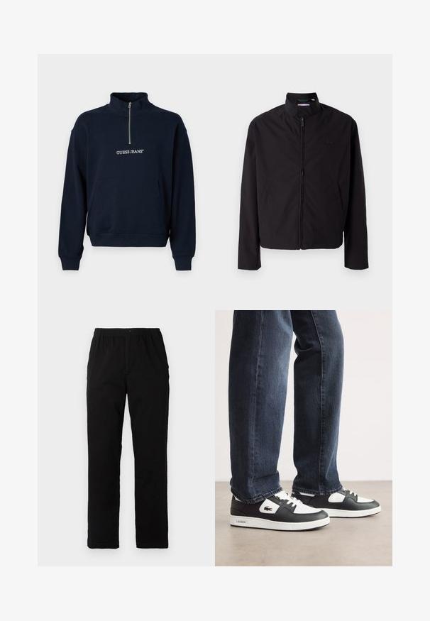 Zwarte lichtgewicht jas, ritssluiting, opstaande kraag, zijzakken, gladde stof, minimalistisch ontwerp met logo-accent op de borst.; Navy blauwe fleece pullover met een halve rits en hoge kraag, voorzien van een voorste kangaroo zak en het "GUESS JEANS" logo in witte borduursel.; Zwarte broek van een katoenmix, met een rechte snit, een elastische tailleband met knoop en zonder zichtbare patronen of accenten.; Zwart-witte Lacoste sneakers met een gestructureerde leren bovenkant, voorzien van een vetersluiting en een witte rubberen loopzool. Gecombineerd met een donkere jeans.