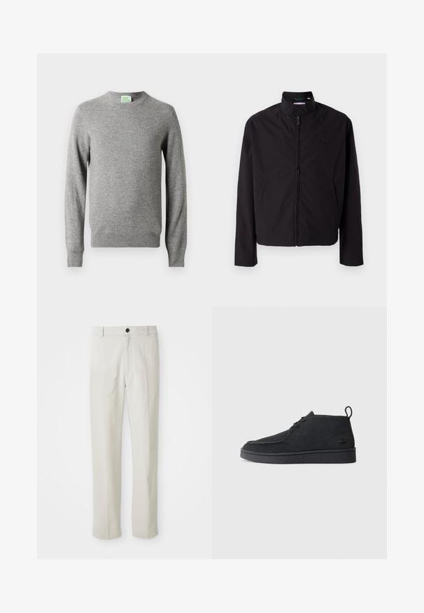 Veste légère noire, fermeture éclair, col montant, poches latérales, tissu lisse, design minimaliste avec accent logo sur la poitrine.; Pull long col rond gris clair avec des poignets et un ourlet côtelés, avec une petite étiquette "From Future" à l'intérieur du col.; Pantalons beiges à jambe droite avec passants de ceinture, bouton avant et fermeture éclair, présentés à plat sur un fond blanc.; Bottines en suède noir à lacets avec tirant et semelle texturée, présentant un petit logo de crocodile embossé sur le côté.