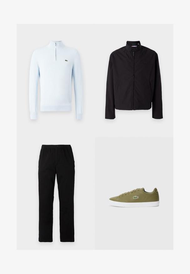 Czarna lekka kurtka, zapinana na zamek, z kołnierzem stojącym, kieszeniami po bokach, gładki materiał, minimalistyczny design z akcentem logo na piersi.; Jasnoniebieski sweter z długim rękawem, dzianinowy, z kołnierzykiem na ćwierć zamek oraz małym zielonym logo krokodyla po lewej stronie klatki piersiowej.; Czarne spodnie wykonane z mieszanki bawełny, z prostym krojem, elastycznym paskiem w talii z guzikiem oraz bez widocznych wzorów czy akcentów.; Oliwkowe sneakersy z gładkiego materiału, biała gumowa podeszwa i haftowane logo krokodyla Lacoste z boku.