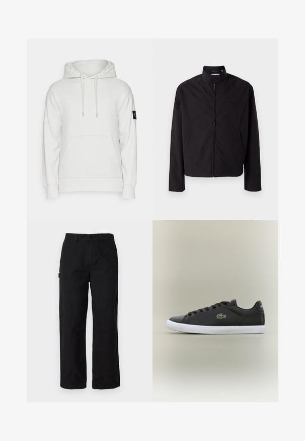 Casaco leve preto, com fecho elétrico, gola alta, bolsos laterais, tecido liso, design minimalista com logótipo em destaque no peito.; Calvin Klein Jeans BADGE HOODIE - Camisola - lunar rock; Calças cargo de algodão pretas com um design de perna reta, apresentando bolsos laterais e um fecho frontal com botão. Tecido durável com uma textura suave.; Tênis de couro preto com sola de borracha branca, apresentando um logotipo de crocodilo verde e cadarços redondos, design elegante com textura suave.