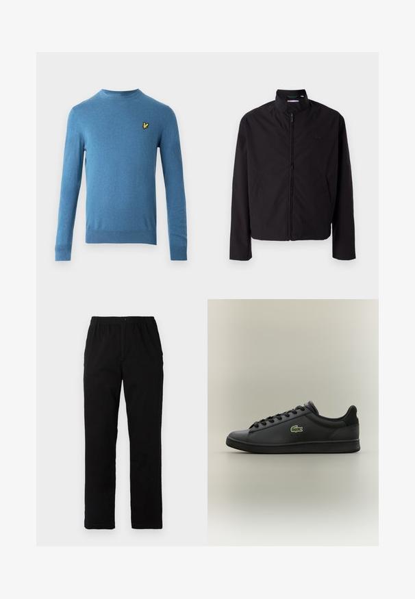 Svart lett jakke med glidelås, oppreist krage, lommer på siden, glatt stoff, minimalistisk design med logo-akkent på brystet.; Blå strikket genser med lange ermer, rund hals og en liten gul fuglelogo på venstre bryst. Jevn tekstur og tettsittende design.; Sorte bukser laget av bomullsblandet stoff, med rett snitt, elastisk midjebånd med knapp, og uten synlige mønstre eller detaljer.; Sorte lavoyer skinnesko med svarte snørebånd og en grønn krokodillelogo på siden, plassert mot en enkel nøytral bakgrunn.
