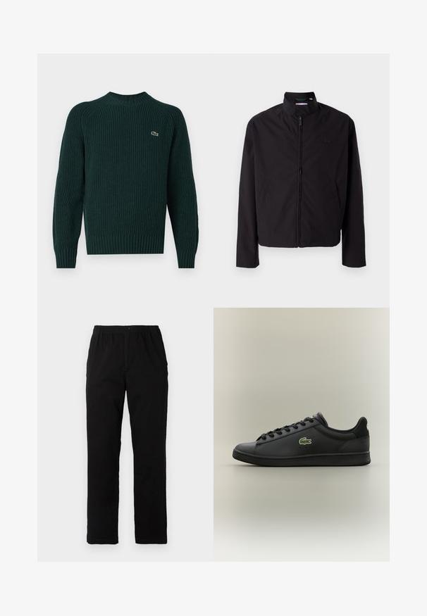 Musta kevyt takki, vetoketjukiinnitys, ylösnostettava kaulus, sivutaskut, sileä kangas, minimalistinen muotoilu logovivahteella rinnassa.; Tummanvihreä neulepusero, jossa on pyöreä pääntie, ribbireunat hihoissa ja helmassa, sekä pieni brodeerattu logo vasemmassa rinnassa.; Mustat housut, jotka on valmistettu puuvilla-sekoitekankaasta, suoran mallin, joustavan vyötärönauhan ja napin kanssa, ilman näkyviä kuvioita tai yksityiskohtia.; Musta matala nahkakengät mustilla nauhoilla, joissa on vihreä krokotiililogo sivussa, asetettuna yksinkertaista neutraalia taustaa vasten.